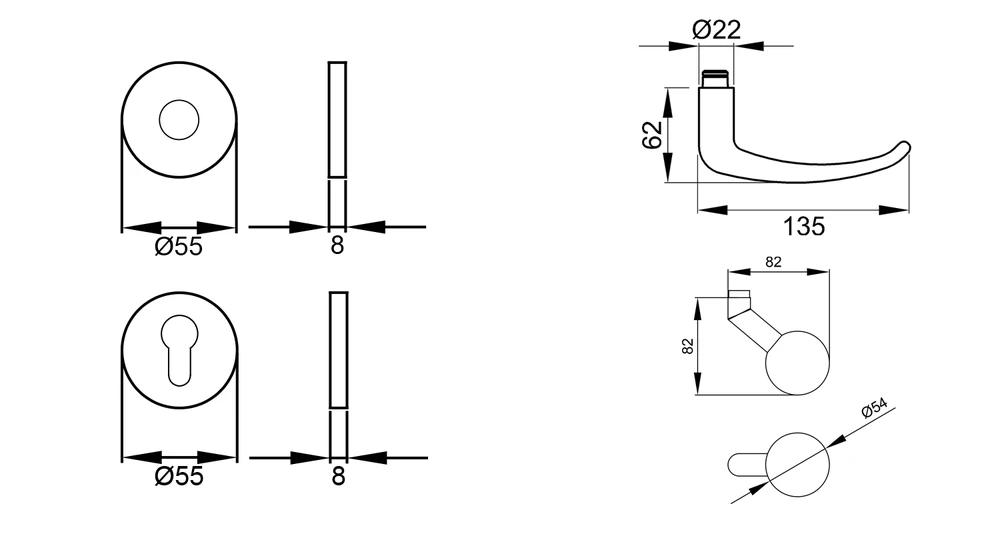 Technische Zeichnung [EPRO22 WGL 71] Karcher Drückergarnitur "Elba" EPRO22 (Wechselgarnitur links)