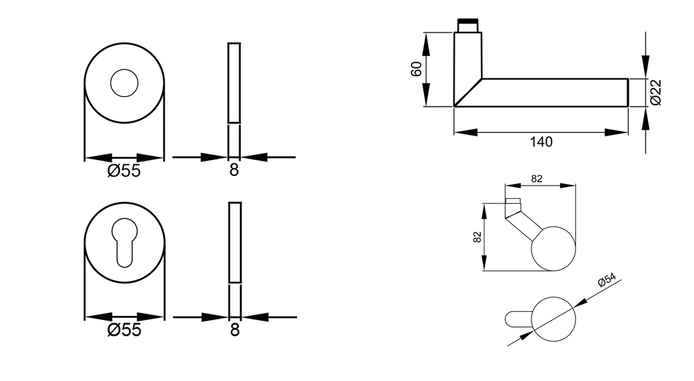 Technische Zeichnung [EPRO18 WGR 71] Karcher Drückergarnitur "Rhodos XL" EPRO18 (Wechselgarnitur rechts)