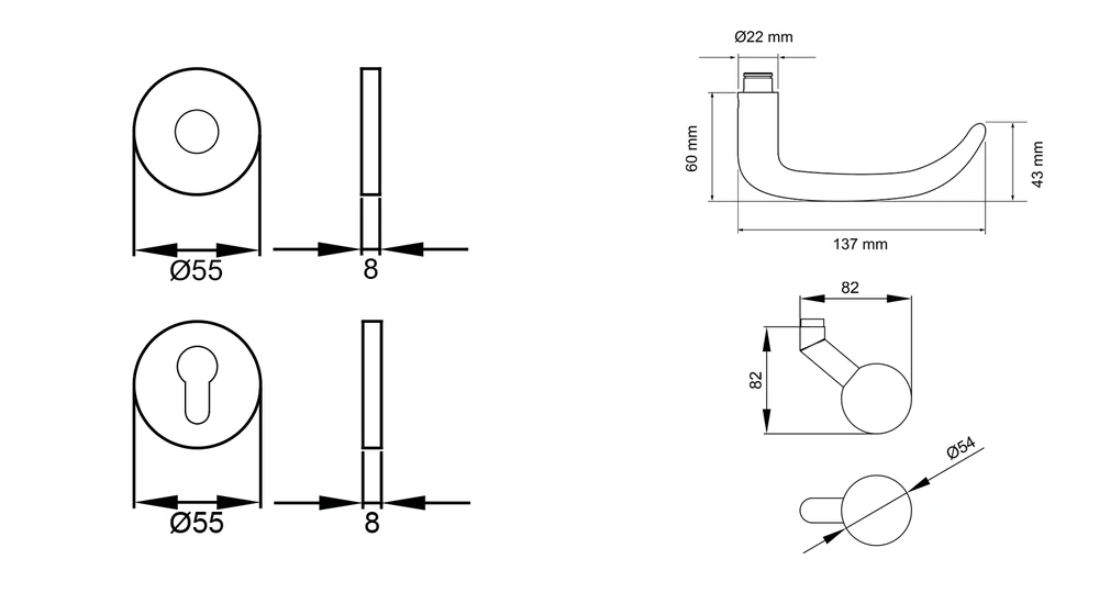 Technische Zeichnung [EPRO/FS 22V WGR 71] Karcher Drückergarnitur "Elba" EPRO/FS22 (Feuerschutz) (Wechselgarnitur rechts)