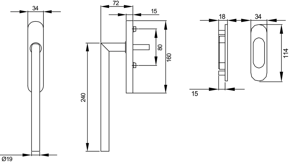 Technische Zeichnung [EHSSET28 PZ 83] Karcher Hebeschiebetürgriff "Rhodos" (Kosmos Schwarz, Set Profilzylinder)