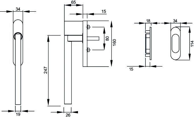 Technische Zeichnung [EHSSET45 UN 83] Karcher Hebeschiebetürgriff "Madeira" (Kosmos Schwarz, Set ungelocht)
