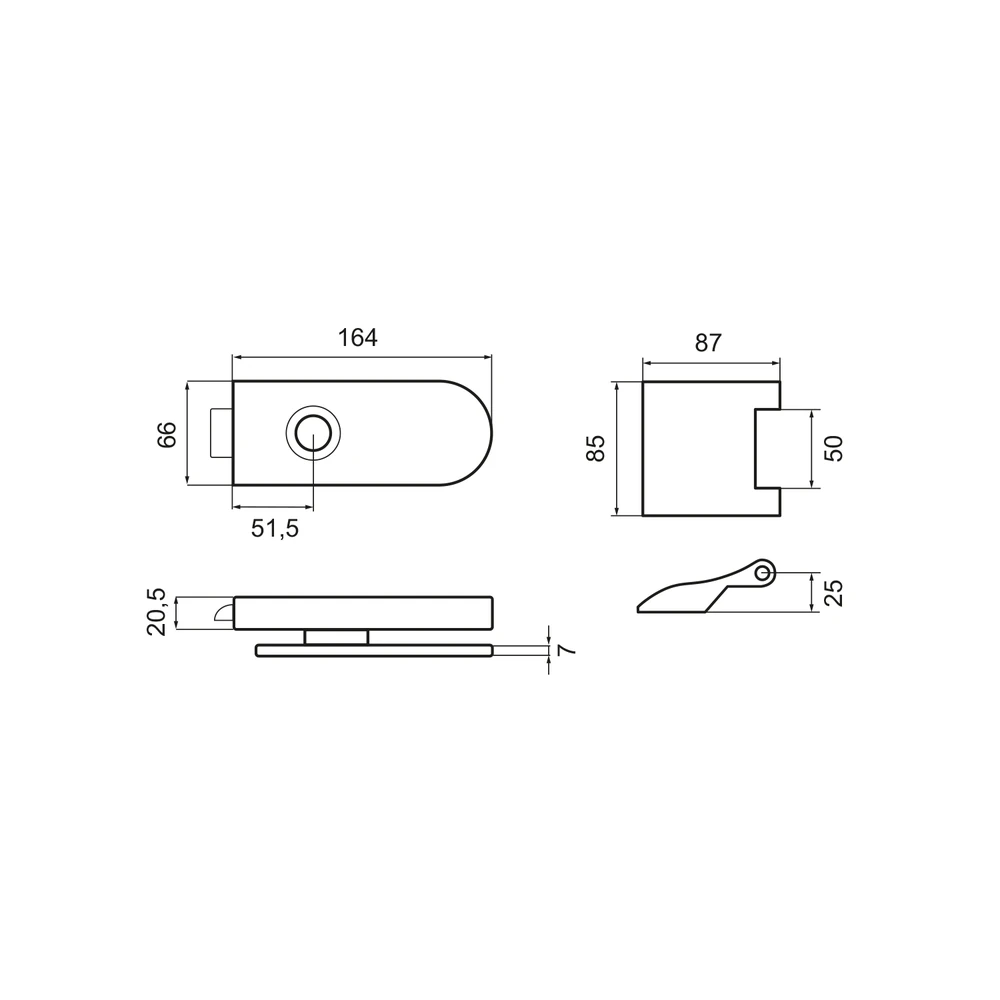 Technische Zeichnung [EGS 370 0S 71] Karcher Glastürschloss "Metro" EGS370 - Oberfläche: Edelstahl matt, Verriegelung: Ohne Schlüsselrosette (Ohne Schlüsselrosette)