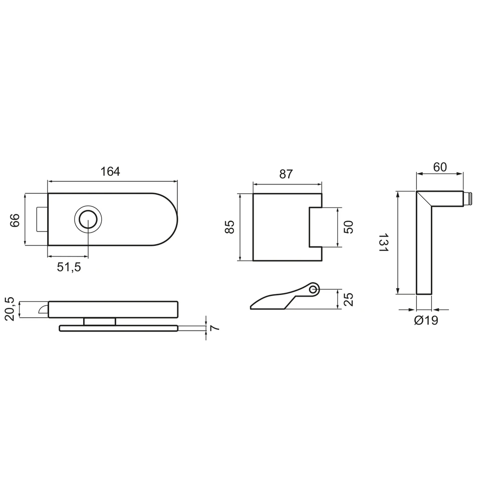 Technische Zeichnung [EGS28 370 0S 71] Karcher Glastürschloss mit Griffpaar "Metro" EGS28 370 - Oberfläche: Edelstahl matt, Verriegelung: Ohne Schlüsselrosette (Ohne Schlüsselrosette)