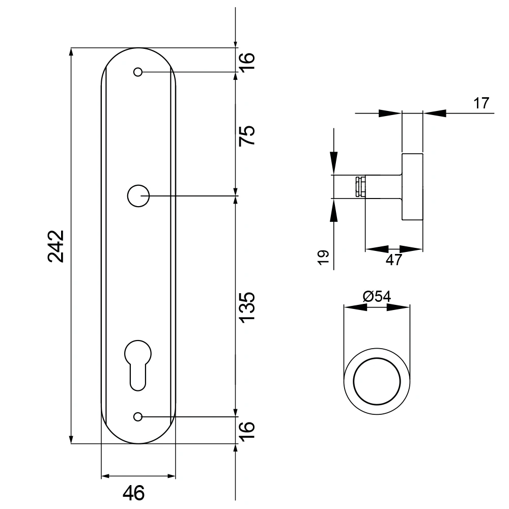 Technische Zeichnung [RL WG92 60] Karcher Renovierungslangschild-Garnitur "RL" (Nickelmatt, Wechselgarnitur (Lochabstand 92 mm))