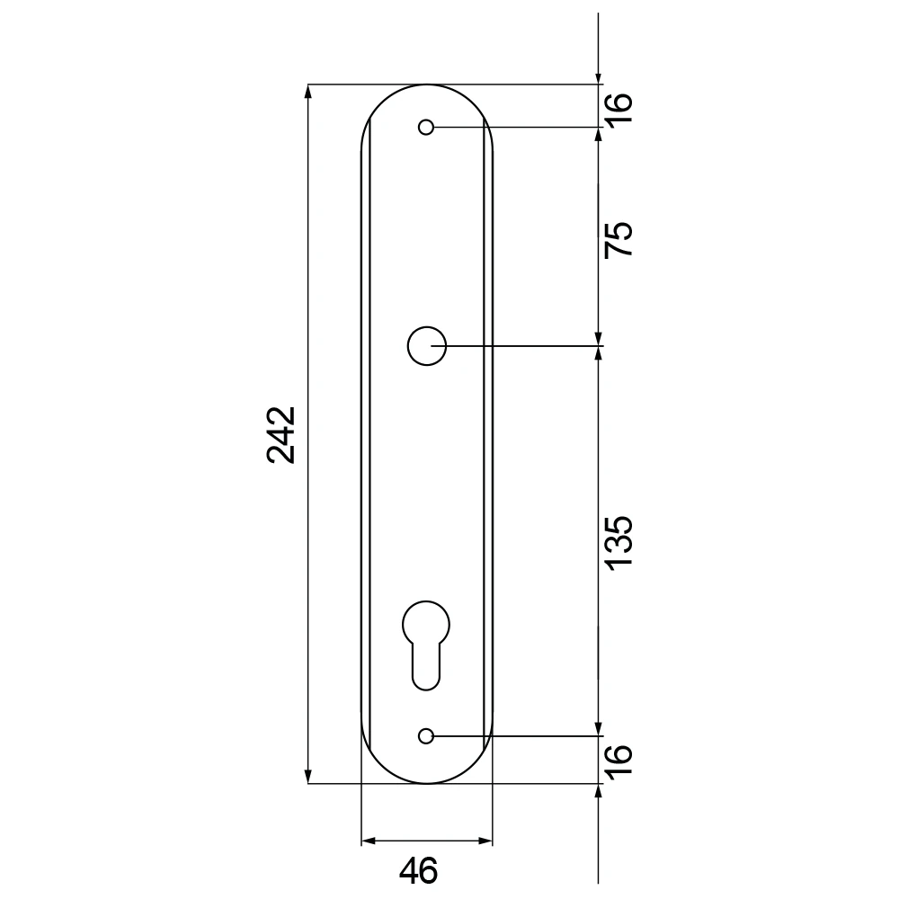 Technische Zeichnung [RL PZ92 65] Karcher Renovierungslangschild-Garnitur "RL" (Chrom / Edelstahl matt, Profilzylinder (Lochabstand 92 mm))