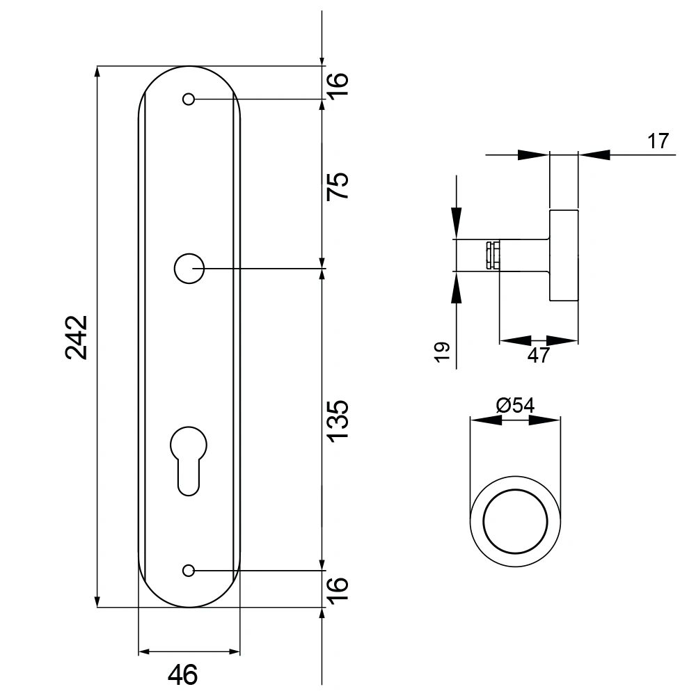 Technische Zeichnung [RL WG72 65] Karcher Renovierungslangschild-Garnitur "RL" (Chrom / Edelstahl matt, Wechselgarnitur (Lochabstand 72 mm))