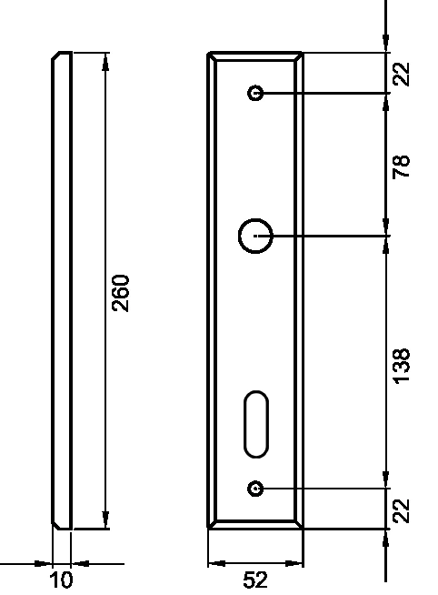 Technische Zeichnung [DRL BB90 60] Karcher Renovierungslangschild-Garnitur "DRL" - Oberfläche: Nickelmatt, Verriegelung: Buntbart (Lochabstand 90 mm) (Nickelmatt, Buntbart (Lochabstand 90 mm))