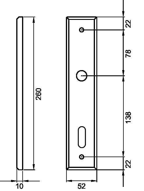 Technische Zeichnung [DRLE BB90 71] Karcher Renovierungslangschild-Garnitur "DRLE" (Buntbart (Lochabstand 90 mm))