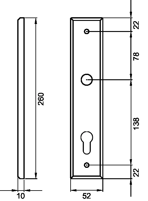 Technische Zeichnung [DRLE PZ88 71] Karcher Renovierungslangschild-Garnitur "DRLE" (Profilzylinder (Lochabstand 88 mm))