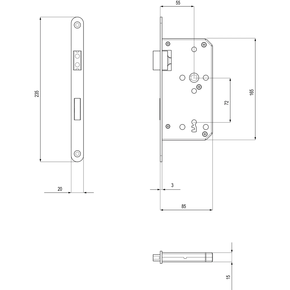 Technische Zeichnung [S8 BB MS 71] Karcher Einsteckschloss mit Magnetfalle (Edelstahl matt, Buntbart)