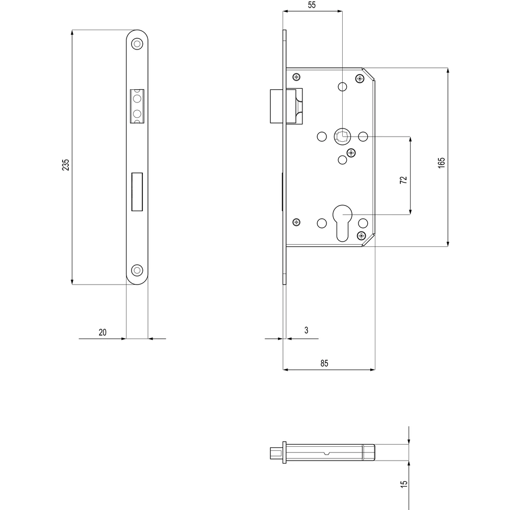 Technische Zeichnung [S8 PZ MS 71] Karcher Einsteckschloss mit Magnetfalle (Edelstahl matt, Profilzylinder)