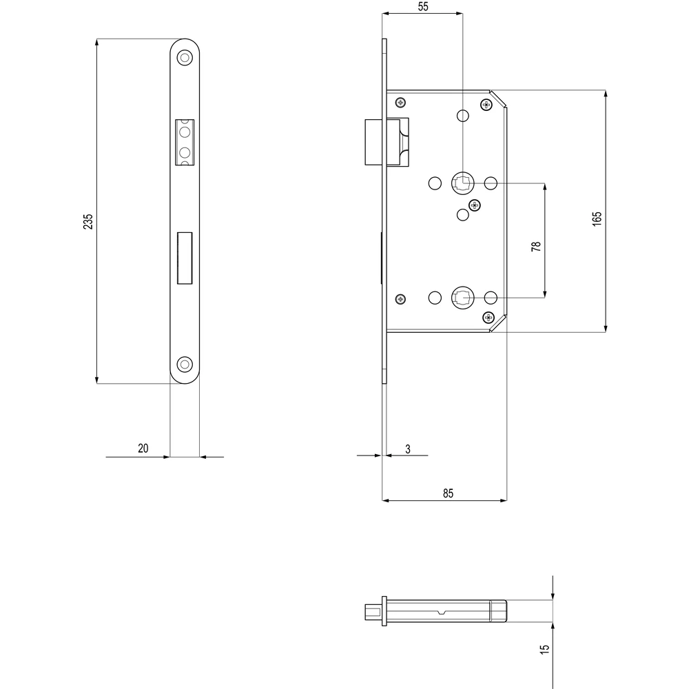 Technische Zeichnung [S8 BAD MS 72] Karcher Einsteckschloss mit Magnetfalle (Edelstahl poliert, Bad/WC)