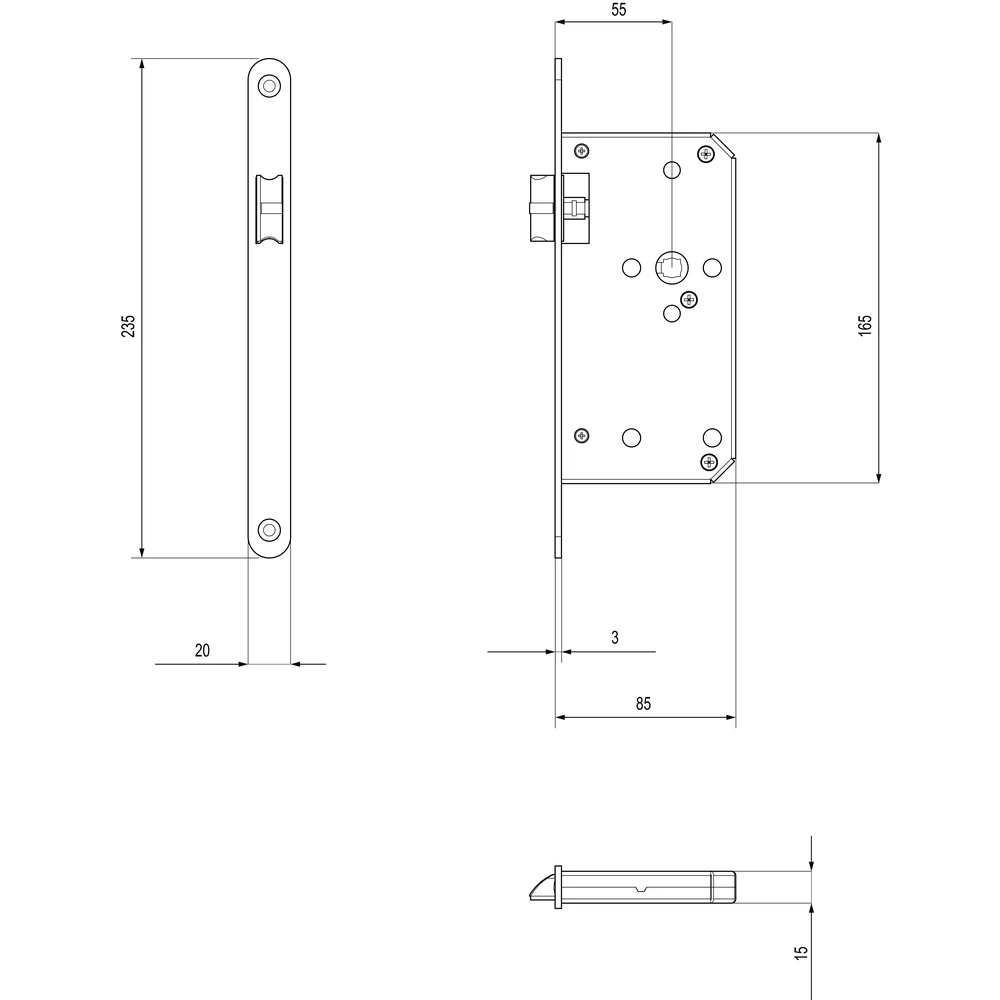Technische Zeichnung [S10 EUMO 0S 71] Karcher Einsteckschloss mit Flüsterfalle (Edelstahl matt, passage)