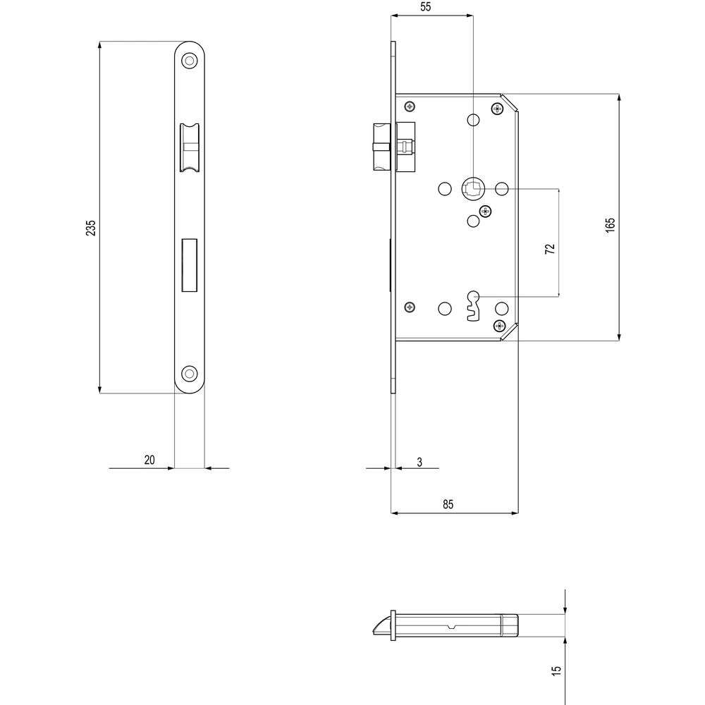 Technische Zeichnung [S10 EUMO BB 71] Karcher Einsteckschloss mit Flüsterfalle (Edelstahl matt, Buntbart)