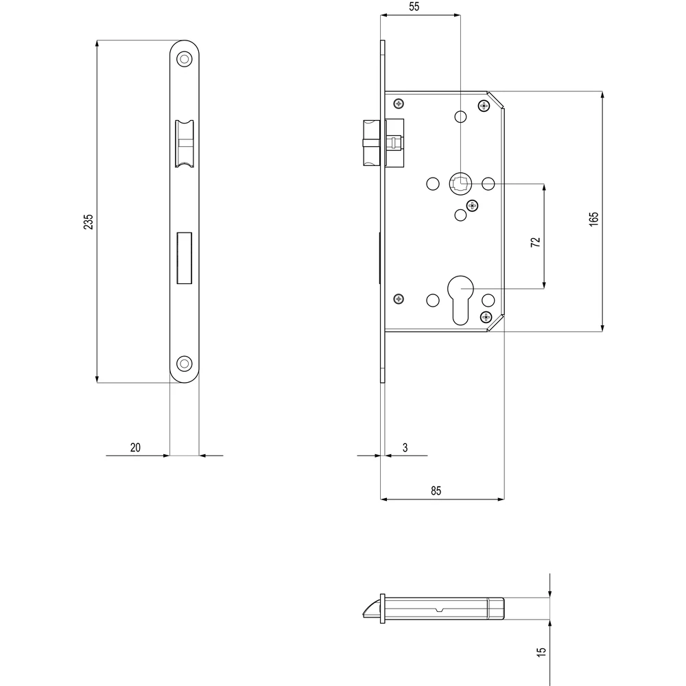 Technische Zeichnung [S10 EUMO PZ 83] Karcher Einsteckschloss mit Flüsterfalle (Kosmos Schwarz, Profilzylinder)