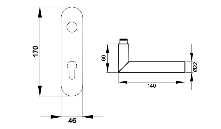 Technische Zeichnung [EKS/FS 18V PZ072 71] Karcher Türgriff-Garnitur Rhodos XL EKS/FS (Edelstahl) - Variante: 18V, Modell: PZ072, Ausführung: Profilzylinder (PZ072, Profilzylinder)