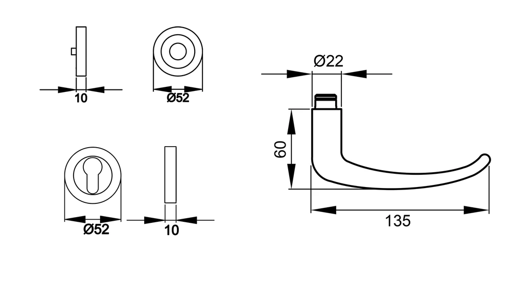 Technische Zeichnung [ER/EN 22 PZ0 71] Karcher Türgriff-Garnitur Elba ER/EN (Edelstahl) (Profilzylinder)