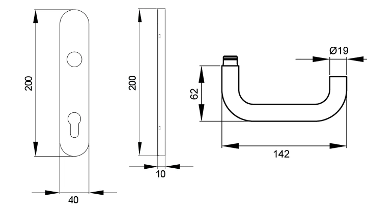Technische Zeichnung [EL27A PZ092 71] Karcher Türgriff-Garnitur Kreta EL27A (Edelstahl) (PZ092, Profilzylinder)
