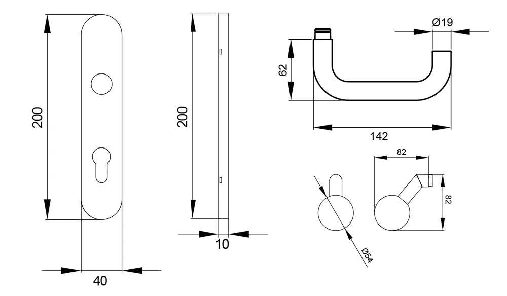 Technische Zeichnung [EL27A WGR72 71] Karcher Türgriff-Garnitur Kreta EL27A (Edelstahl) (WGR72, Wechselgarnitur)