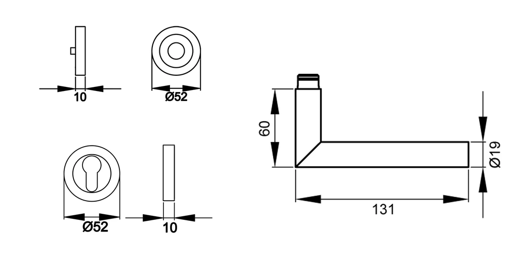 Technische Zeichnung [ER/EN 28 PZ 71] Karcher Türgriff-Garnitur Rhodos ER/EN (Edelstahl) (Profilzylinder)
