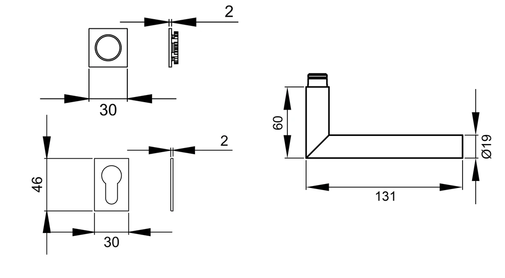 Technische Zeichnung [ER28QM PZ0 84] Karcher Türgriff-Garnitur Rhodos ER28QM (Edelstahl) (Polaris Weiß, Profilzylinder)