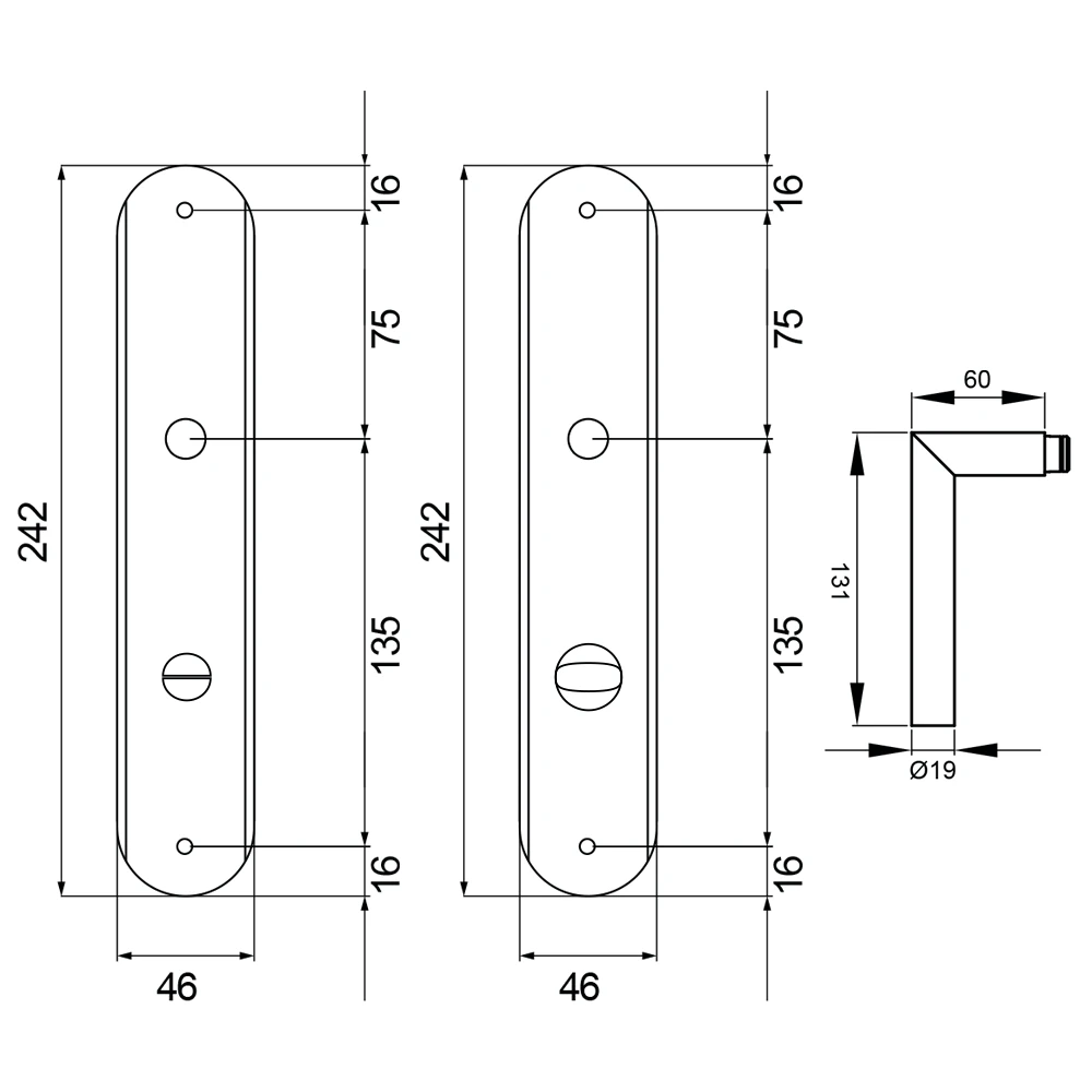 Technische Zeichnung [RL28 BAD78 60] Karcher Türgriff-Garnitur Rhodos RL28 (Edelstahl) (Bad)