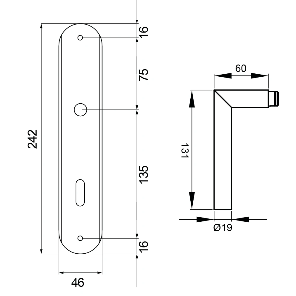 Technische Zeichnung [RL28 BB072 60] Karcher Türgriff-Garnitur Rhodos RL28 (Edelstahl) (Buntbart)