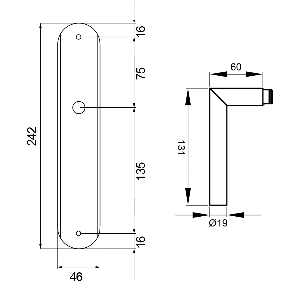 Technische Zeichnung [RL28 UN0 60] Karcher Türgriff-Garnitur Rhodos RL28 (Edelstahl) (ungelocht)