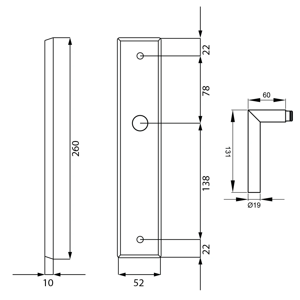 Technische Zeichnung [RLE28 UN0 71] Karcher Türgriff-Garnitur Rhodos RLE28 (Edelstahl) (Edelstahl matt, UN0, ungelocht)