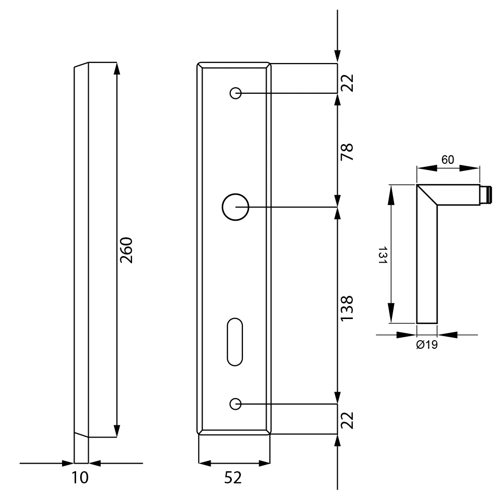 Technische Zeichnung [RLE28 BB072 71] Karcher Türgriff-Garnitur Rhodos RLE28 (Edelstahl) (Edelstahl matt, BB072, Buntbart)