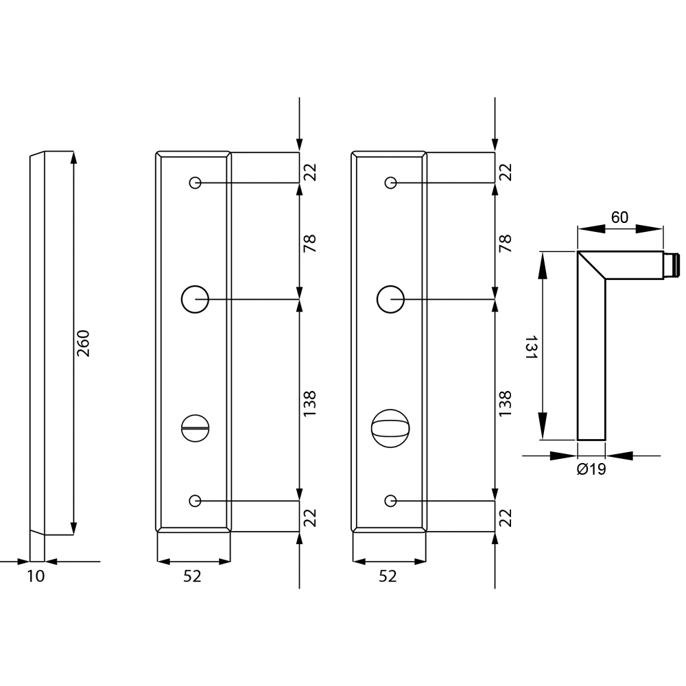 Technische Zeichnung [RLE28 BAD78 71] Karcher Türgriff-Garnitur Rhodos RLE28 (Edelstahl) (Edelstahl matt, BAD78, Bad)