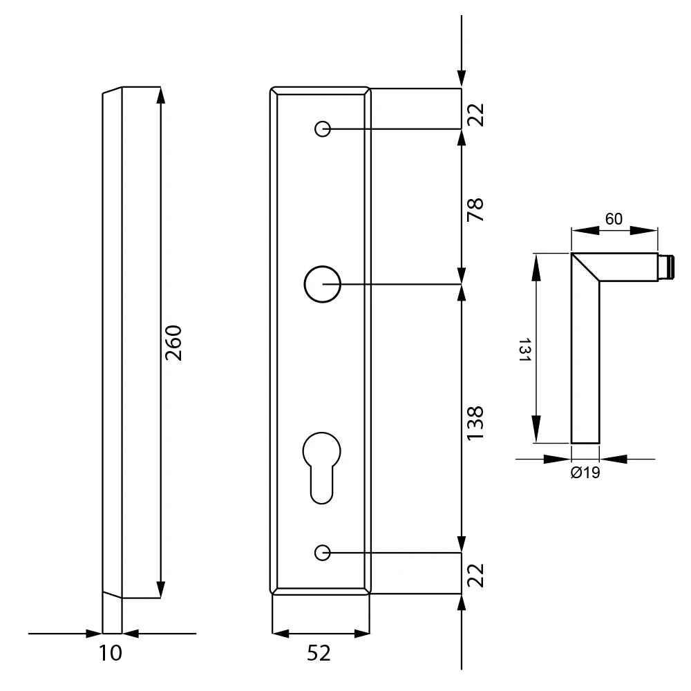 Technische Zeichnung [RLE28 PZ072 83] Karcher Türgriff-Garnitur Rhodos RLE28 (Edelstahl) (Kosmos Schwarz, PZ072, Profilzylinder)
