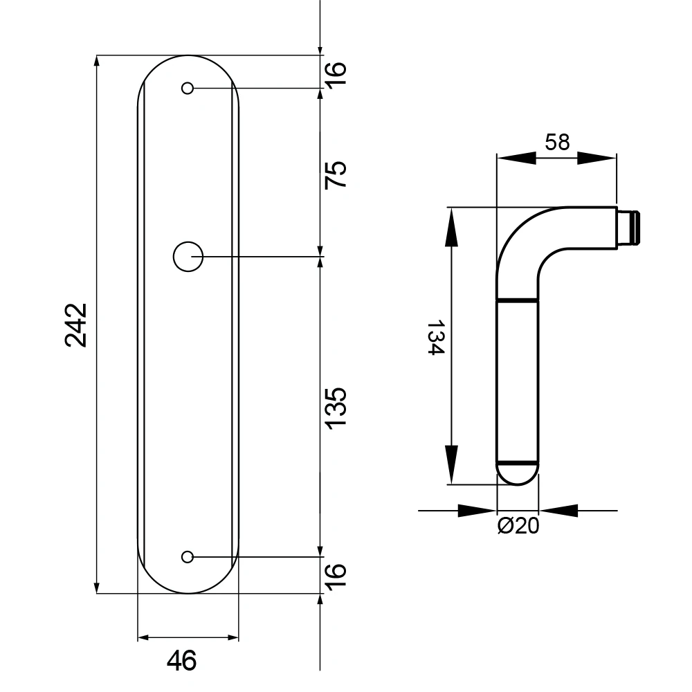 Technische Zeichnung [RL35 UN0 65] Karcher Türgriff-Garnitur Lignano Steel RL35 (Edelstahl) (UN0, ungelocht)