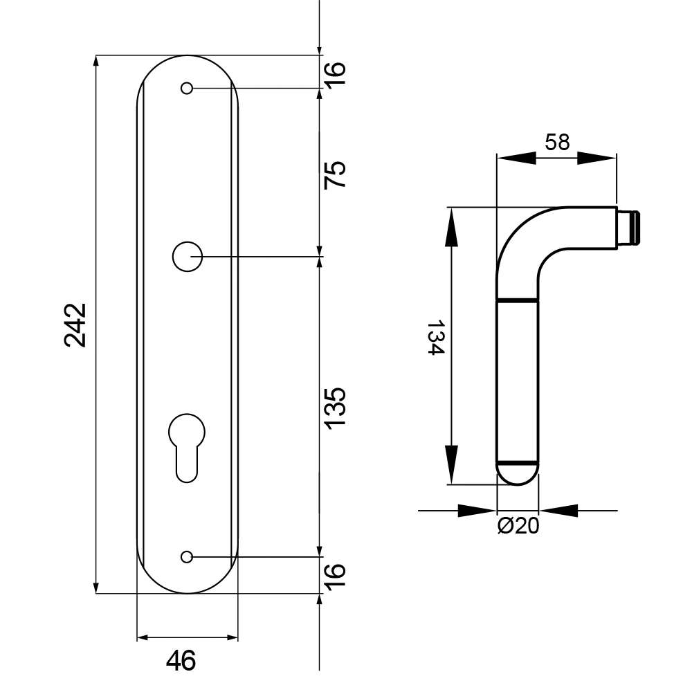 Technische Zeichnung [RL35 PZ072 65] Karcher Türgriff-Garnitur Lignano Steel RL35 (Edelstahl) (PZ072, Profilzylinder)