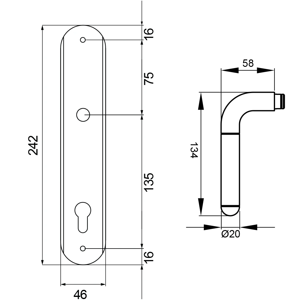 Technische Zeichnung [RL35 PZ092 65] Karcher Türgriff-Garnitur Lignano Steel RL35 (Edelstahl) (PZ092, Profilzylinder)