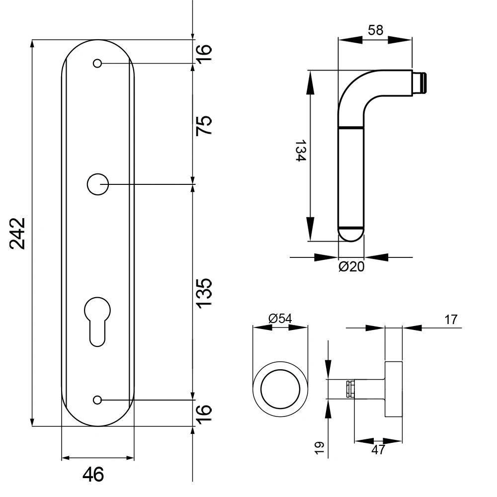 Technische Zeichnung [RL35 WGL72 65] Karcher Türgriff-Garnitur Lignano Steel RL35 (Edelstahl) (WGL72, Wechselgarnitur)