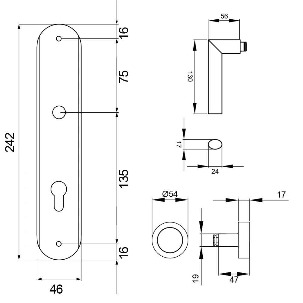 Technische Zeichnung [RL37 WGL72 60] Karcher Türgriff-Garnitur Verona RL37 (Edelstahl) (WGL72, Wechselgarnitur)