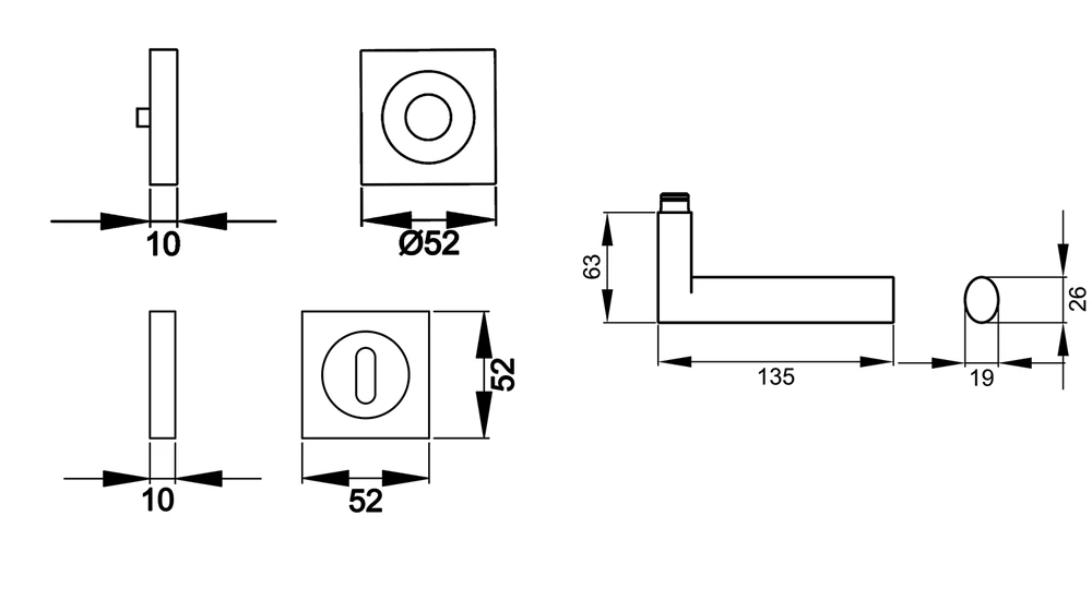 Technische Zeichnung [ER45QLD BB0 71] Karcher Türgriff-Garnitur Madeira - Leder dunkelbraun ER45QLD (Edelstahl) (Buntbart)