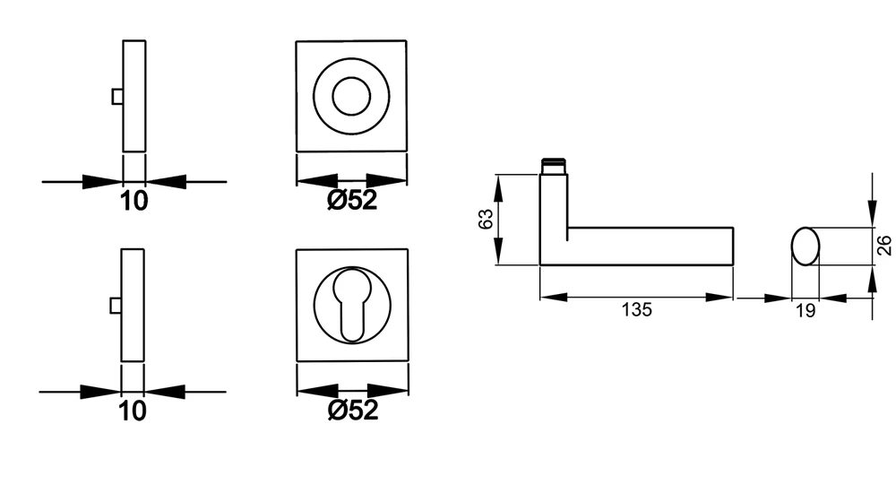 Technische Zeichnung [ER45QLD PZ0 71] Karcher Türgriff-Garnitur Madeira - Leder dunkelbraun ER45QLD (Edelstahl) (Profilzylinder)