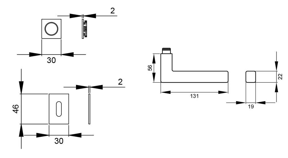 Technische Zeichnung [ER46QM BB0 83] Karcher Türgriff-Garnitur Seattle (Edelstahl) (Kosmos Schwarz, Buntbart)