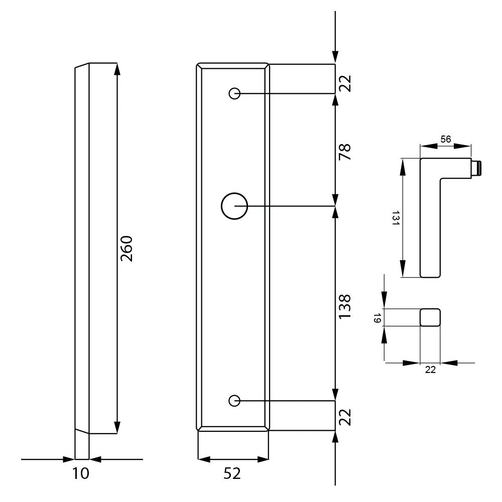 Technische Zeichnung [RLE46 UN0 83] Karcher Türgriff-Garnitur Seattle RLE46 (Edelstahl) (UN0, ungelocht)