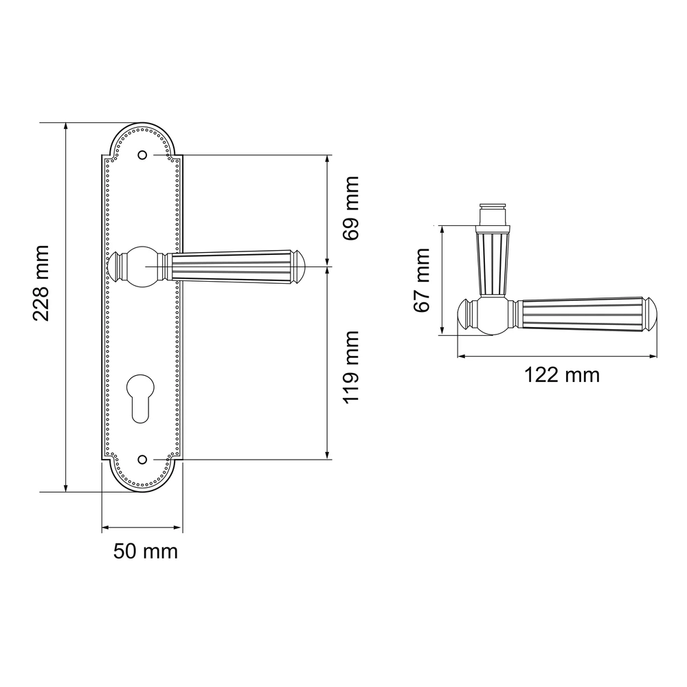 Technische Zeichnung [L260 PZ072 50] Karcher Türgriff-Garnitur Schöntal L260 (Edelstahl) (Chrom, PZ072, Profilzylinder)