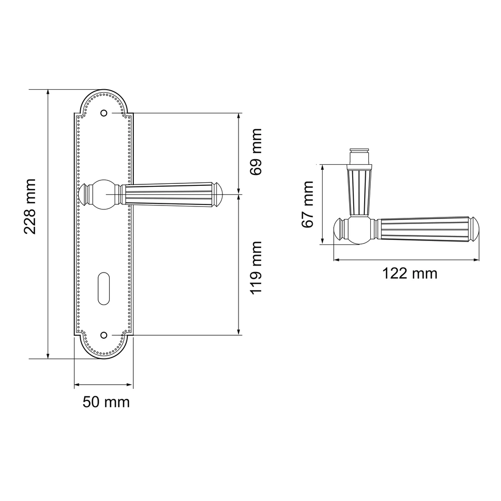 Technische Zeichnung [L260 BB072 78] Karcher Türgriff-Garnitur Schöntal L260 (Edelstahl) (Zirkonium poliert, BB072, Buntbart)