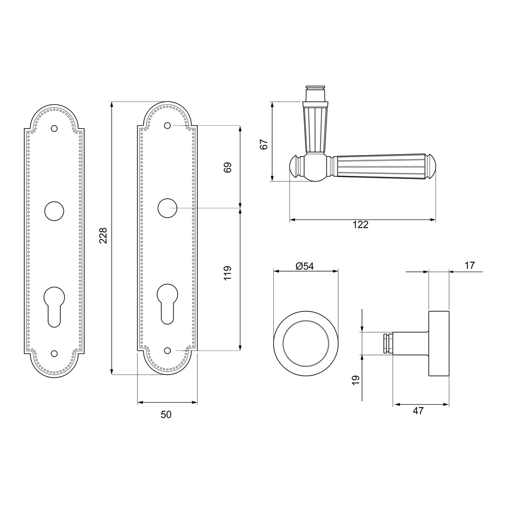 Technische Zeichnung [L260 WGR72 78] Karcher Türgriff-Garnitur Schöntal L260 (Edelstahl) (Zirkonium poliert, WGR72, Wechselgarnitur)