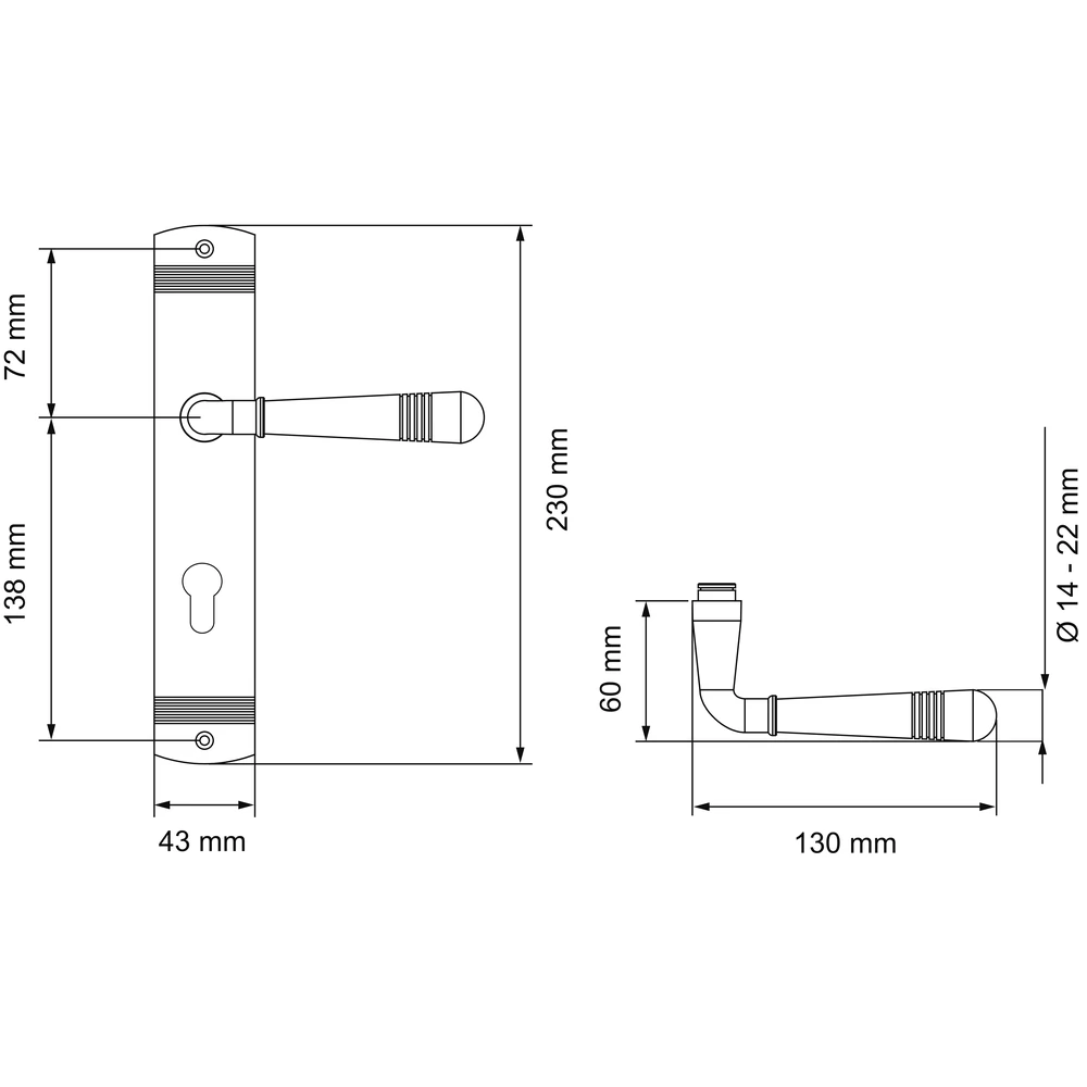 Technische Zeichnung [L270 PZ072 50] Karcher Türgriff-Garnitur Montmartre L270 (Edelstahl) (Chrom, PZ072, Profilzylinder)