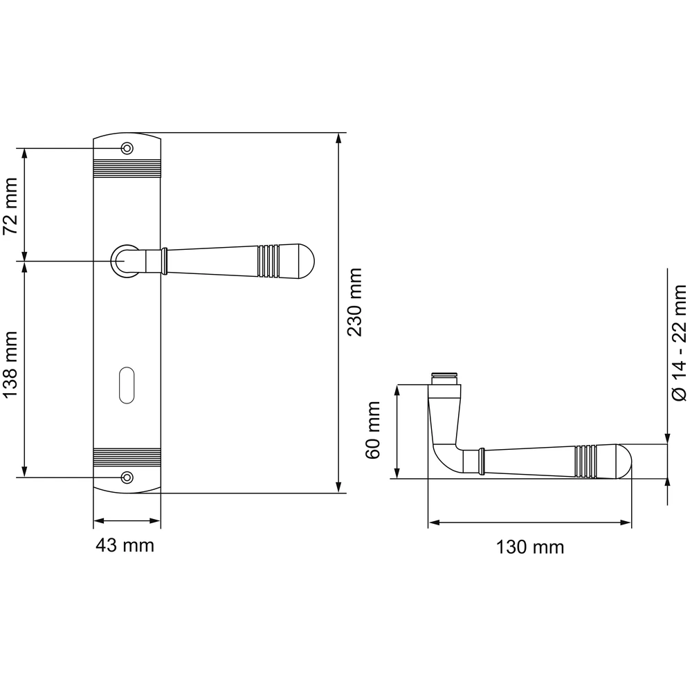 Technische Zeichnung [L270 BB072 83] Karcher Türgriff-Garnitur Montmartre L270 (Edelstahl) (Kosmos Schwarz, BB072, Buntbart)