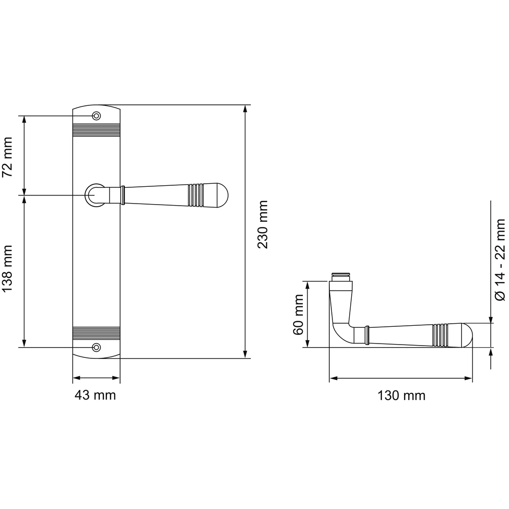 Technische Zeichnung [L270 UN0 78] Karcher Türgriff-Garnitur Montmartre L270 (Edelstahl) (Zirkonium poliert, UN0, ungelocht)