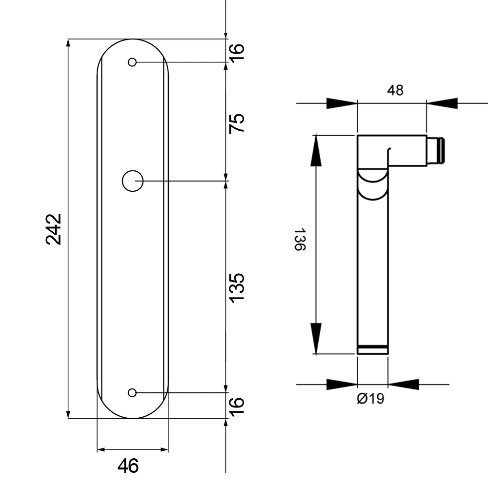 Technische Zeichnung [RL38 UN0 65] Karcher Türgriff-Garnitur Starlight RL38 (Edelstahl) (UN0, ungelocht)