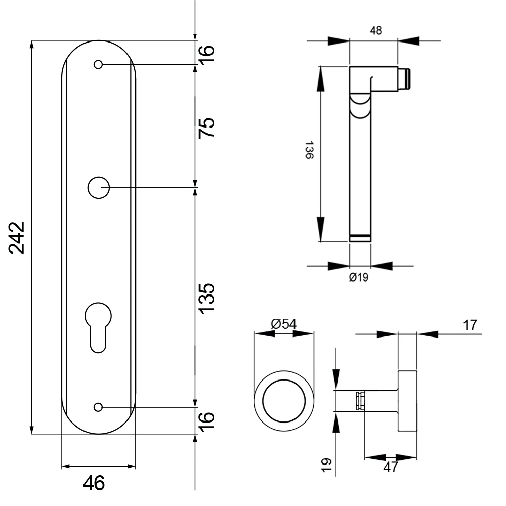 Technische Zeichnung [RL38 WGL72 65] Karcher Türgriff-Garnitur Starlight RL38 (Edelstahl) (WGL72, Wechselgarnitur)