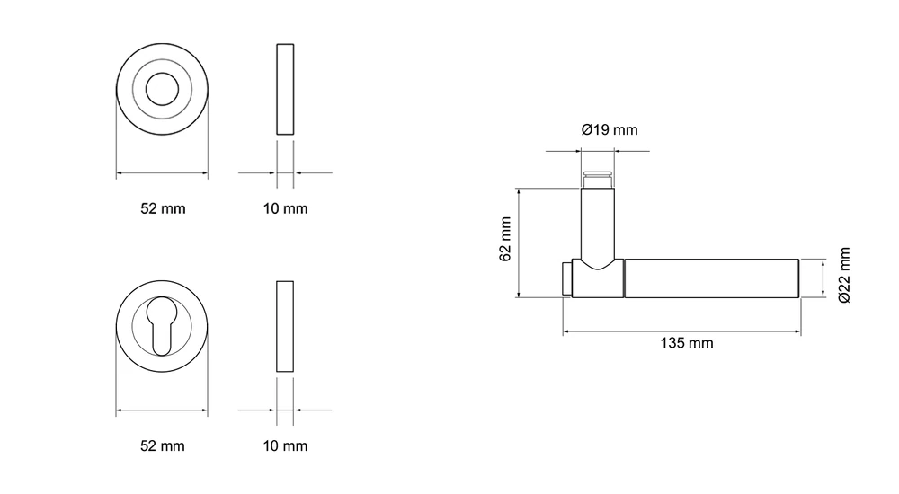 Technische Zeichnung [ER90A2 PZ0 83] Karcher Türgriff-Garnitur Studio Serie ER90A2 (Edelstahl) (Profilzylinder)